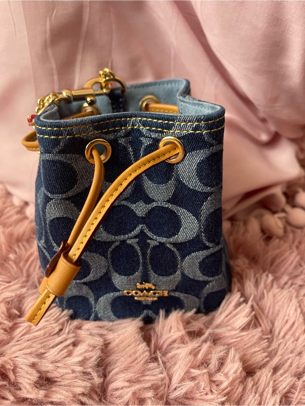 Coach Mini Bucket Bag in Navy Denim with Tan Leather Trim - Picture 6 of 12